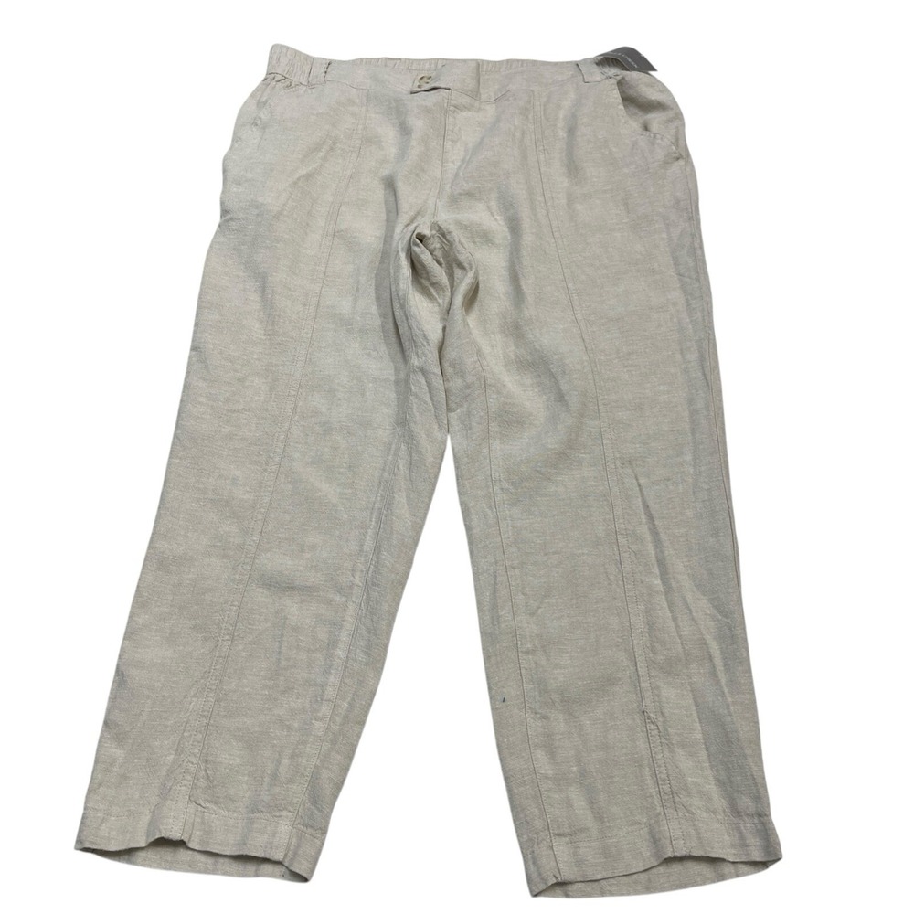 Falls Creek Pants Womens 2X Beige Linen Blend Straight Leg Elastic Waist Coastal